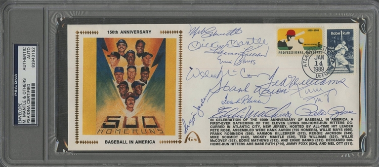 1989 500 Home Run Club Multi-Signed Cachet with 12 Signatures Including Mantle & Williams (PSA/DNA)